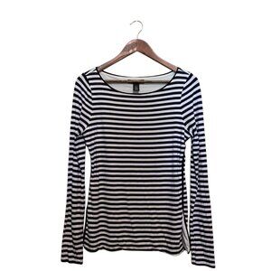 White House Black Market Top Breton Stripe Long Sleeve Shirt S/M Navy/White